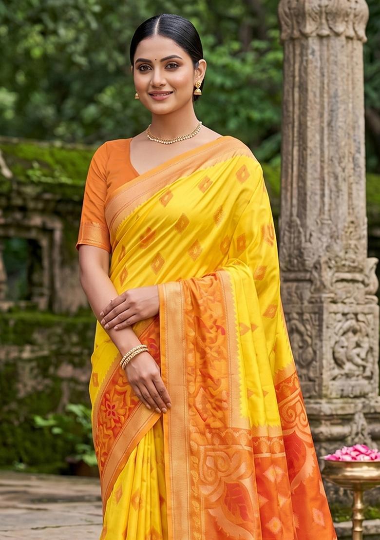 Yellow Zari Work Silk Blend Saree Set - Indya