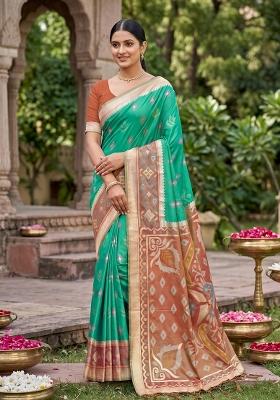 Green Zari Work Silk Blend Saree Set