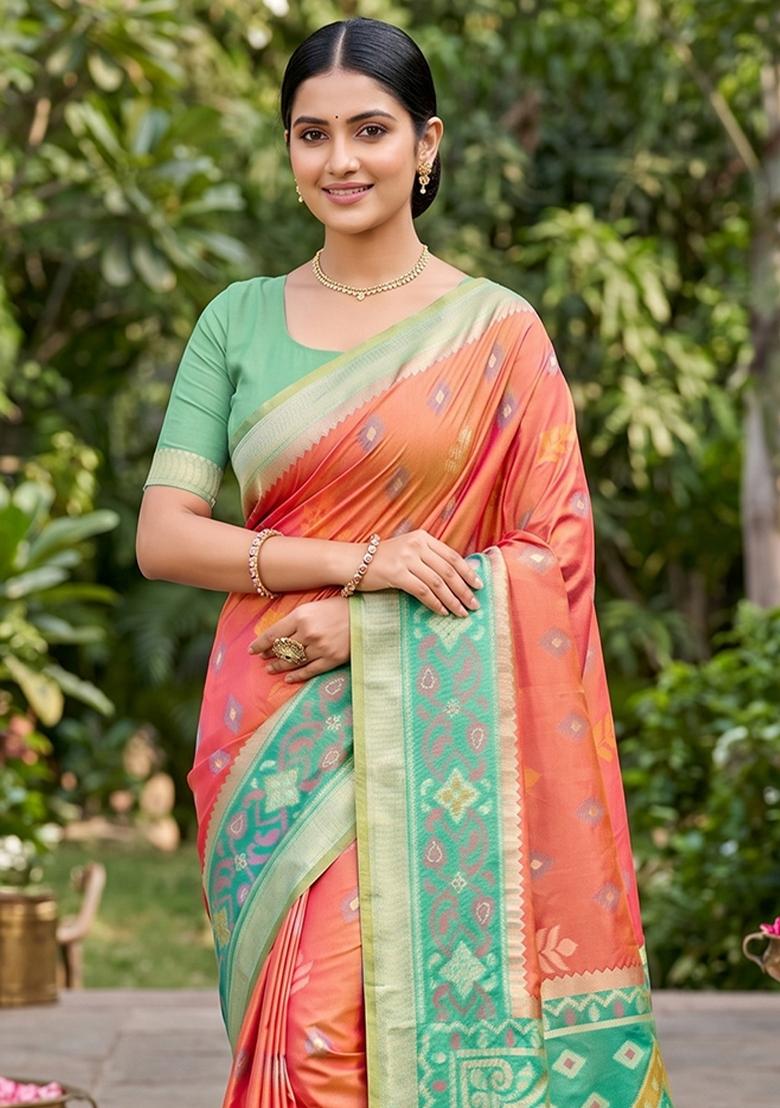 Orange Zari Work Silk Blend Saree Set - Indya