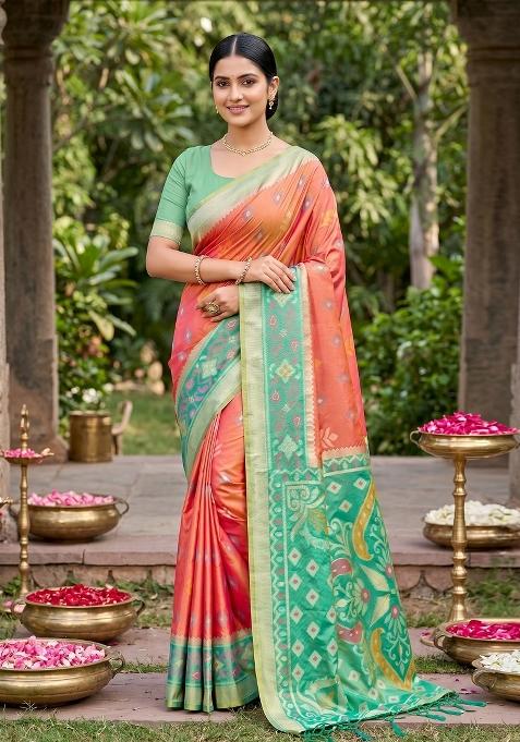 Orange Zari Work Silk Blend Saree Set