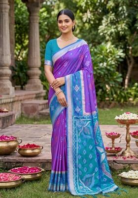 Violet Zari Work Silk Blend Saree Set