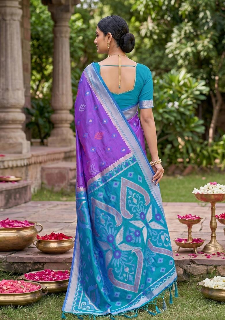 Violet Zari Work Silk Blend Saree Set - Indya