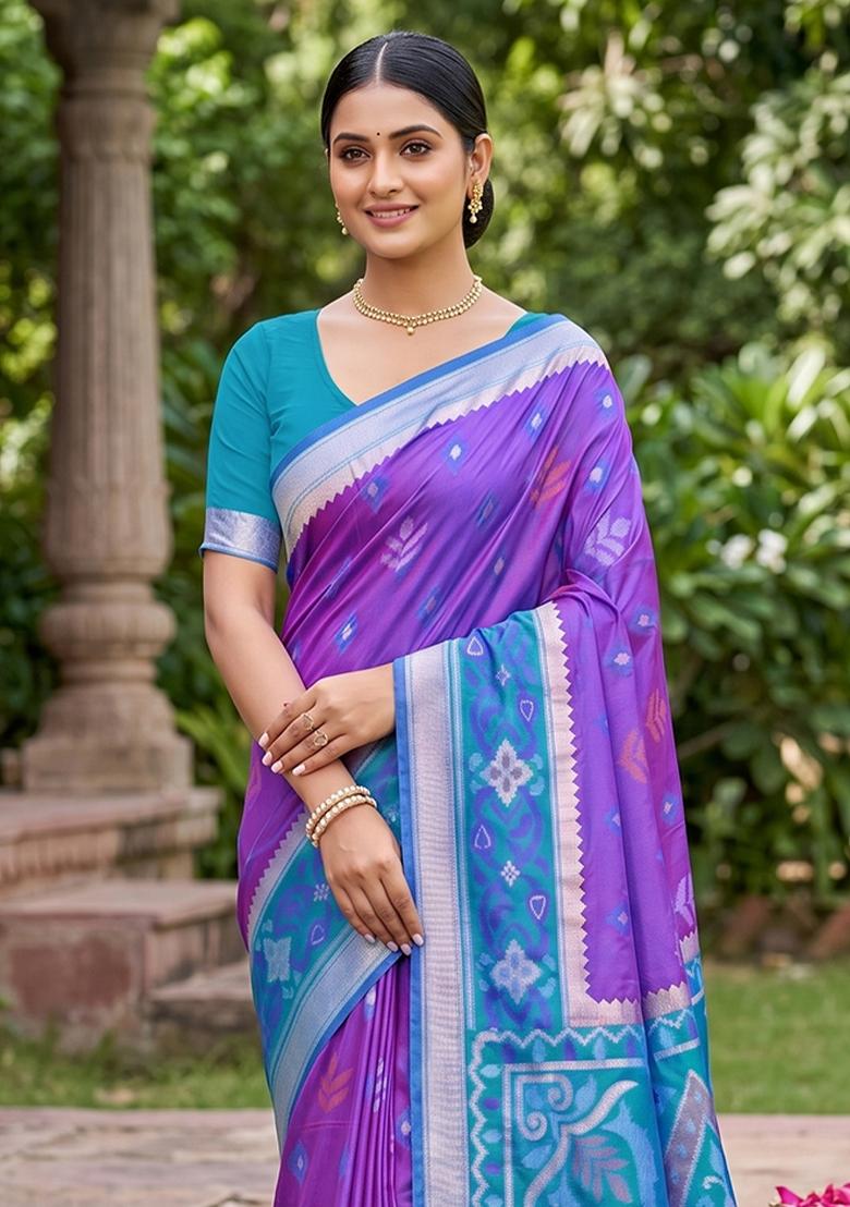 Violet Zari Work Silk Blend Saree Set - Indya