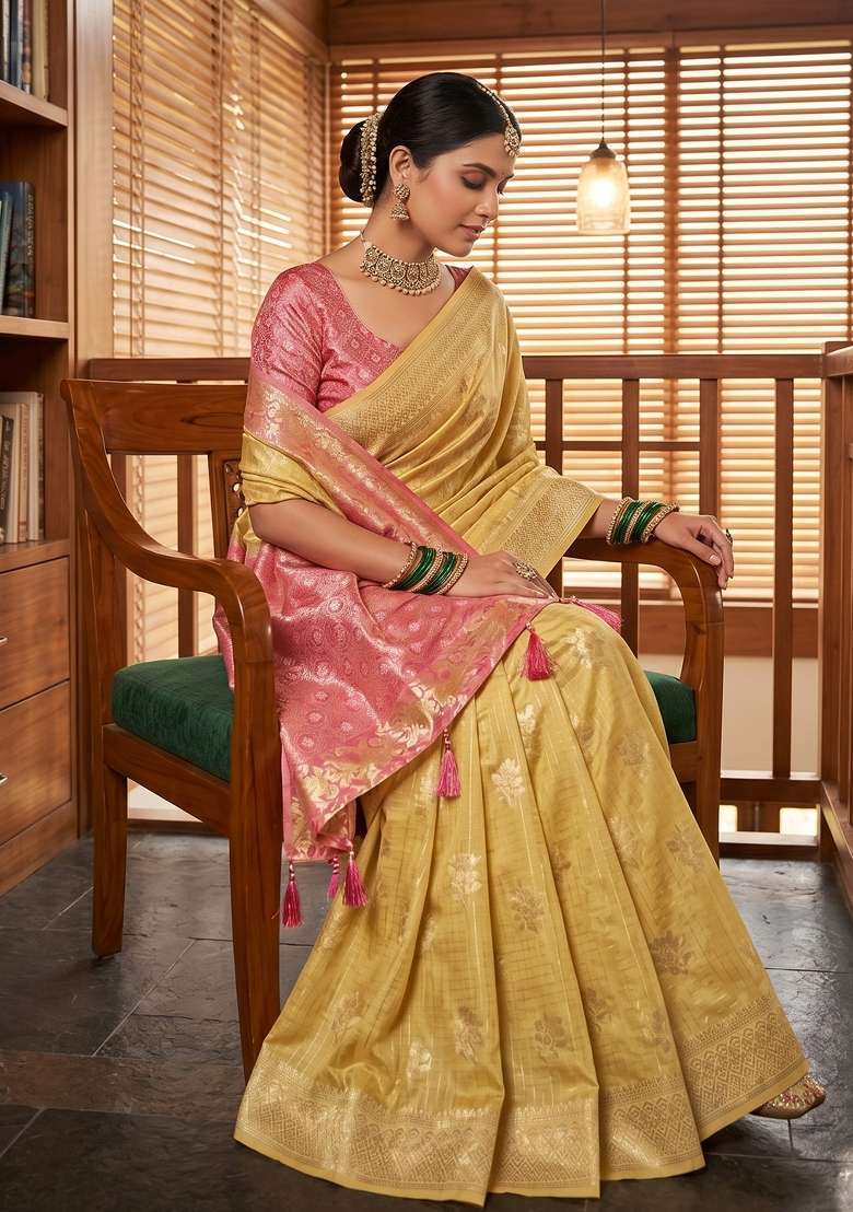 Yellow Linen Saree Set with Zari Work for Diwali | Wedding & Festive Wear - Indya