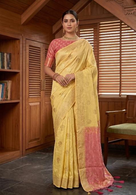Yellow Zari Work Linen Saree Set