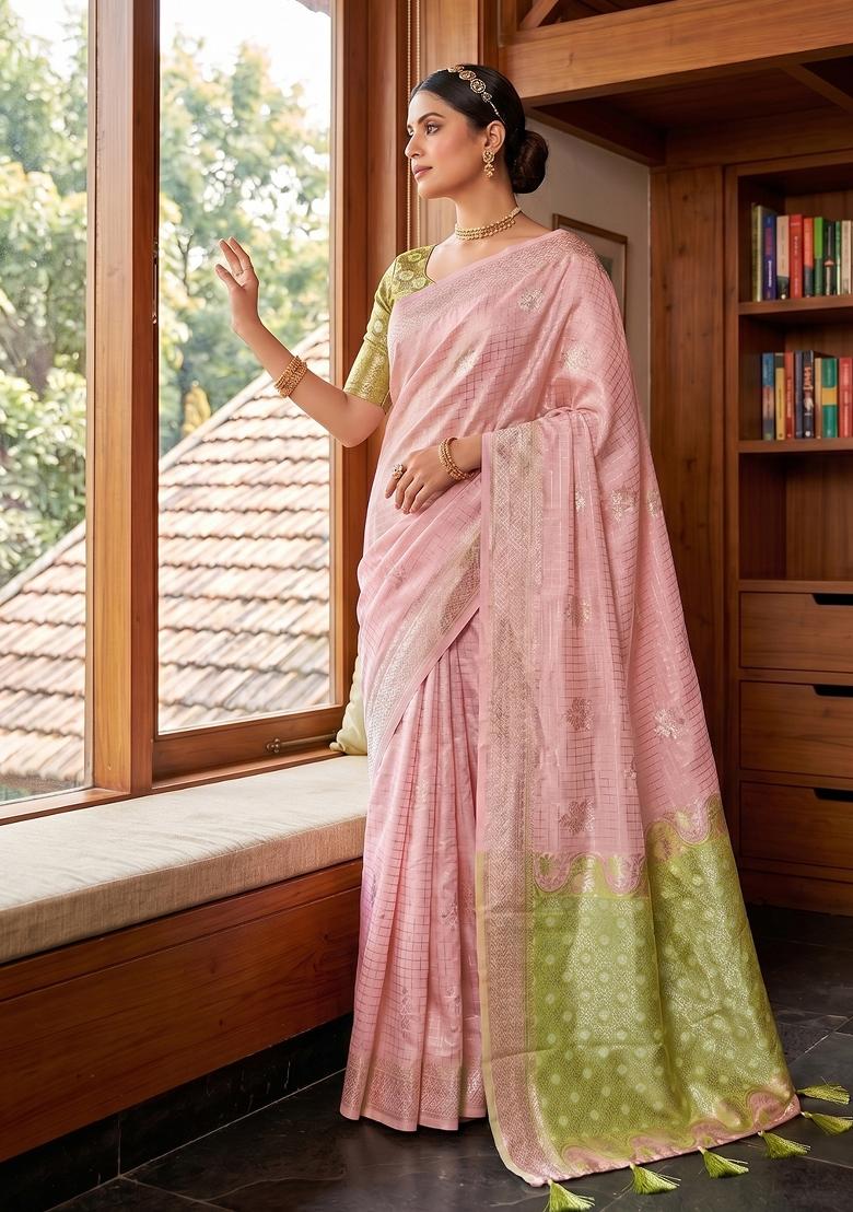 Peach Zari Work Linen Saree Set - Indya