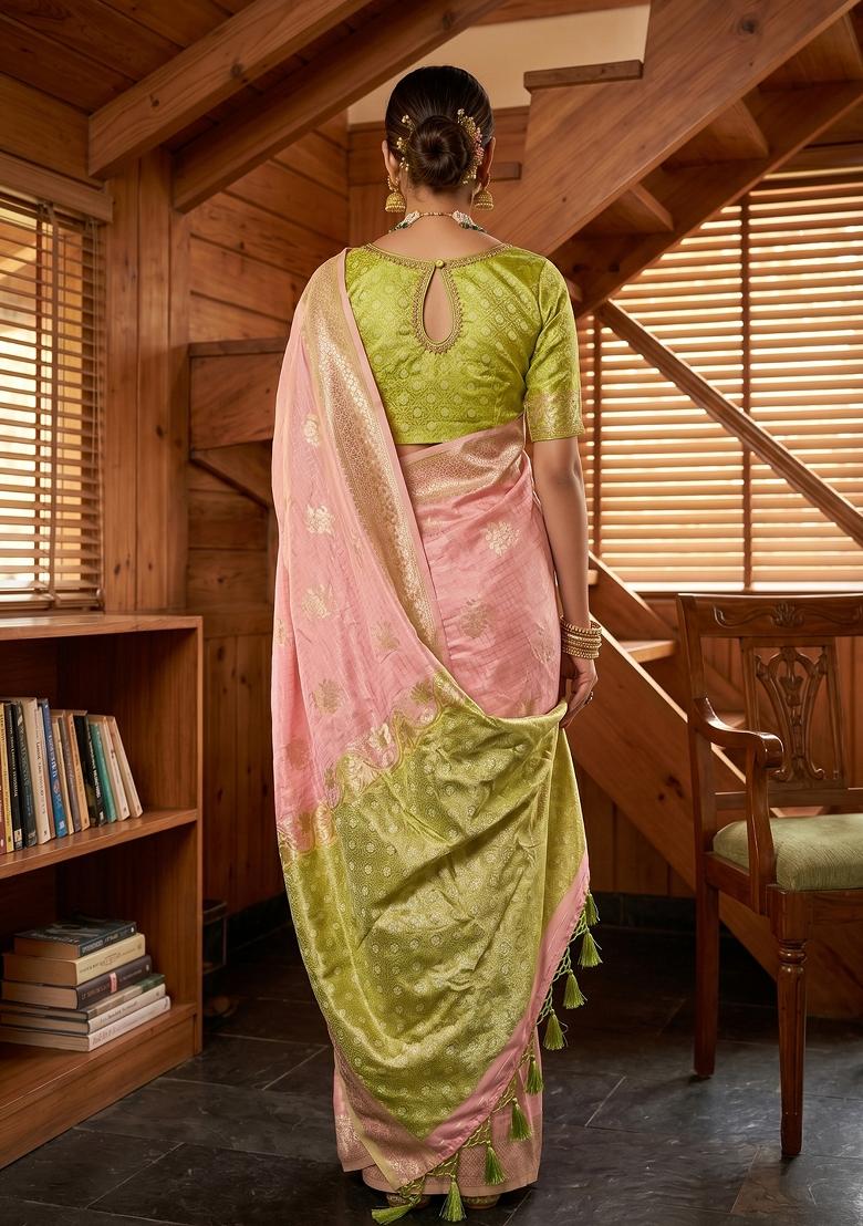 Peach Zari Work Linen Saree Set - Indya