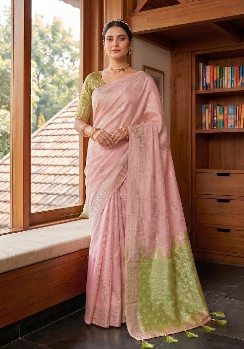 Peach Zari Work Linen Saree Set