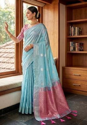 Sky Blue Zari Work Linen Saree Set