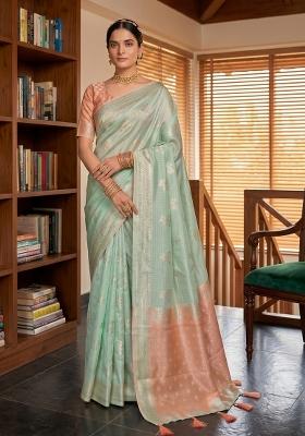 Light Green Zari Work Linen Saree Set