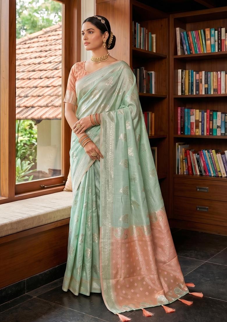 Light Green Zari Work Linen Saree Set - Indya