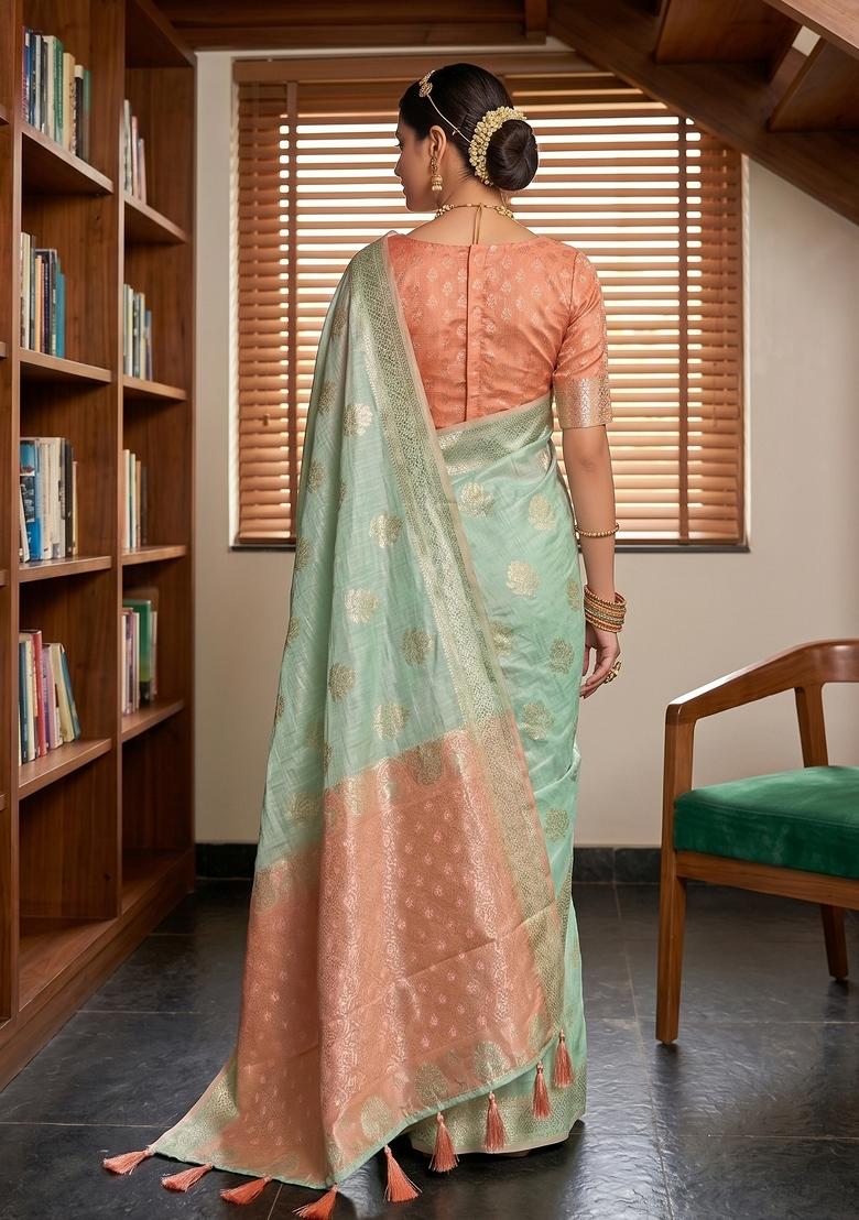 Light Green Zari Work Linen Saree Set - Indya