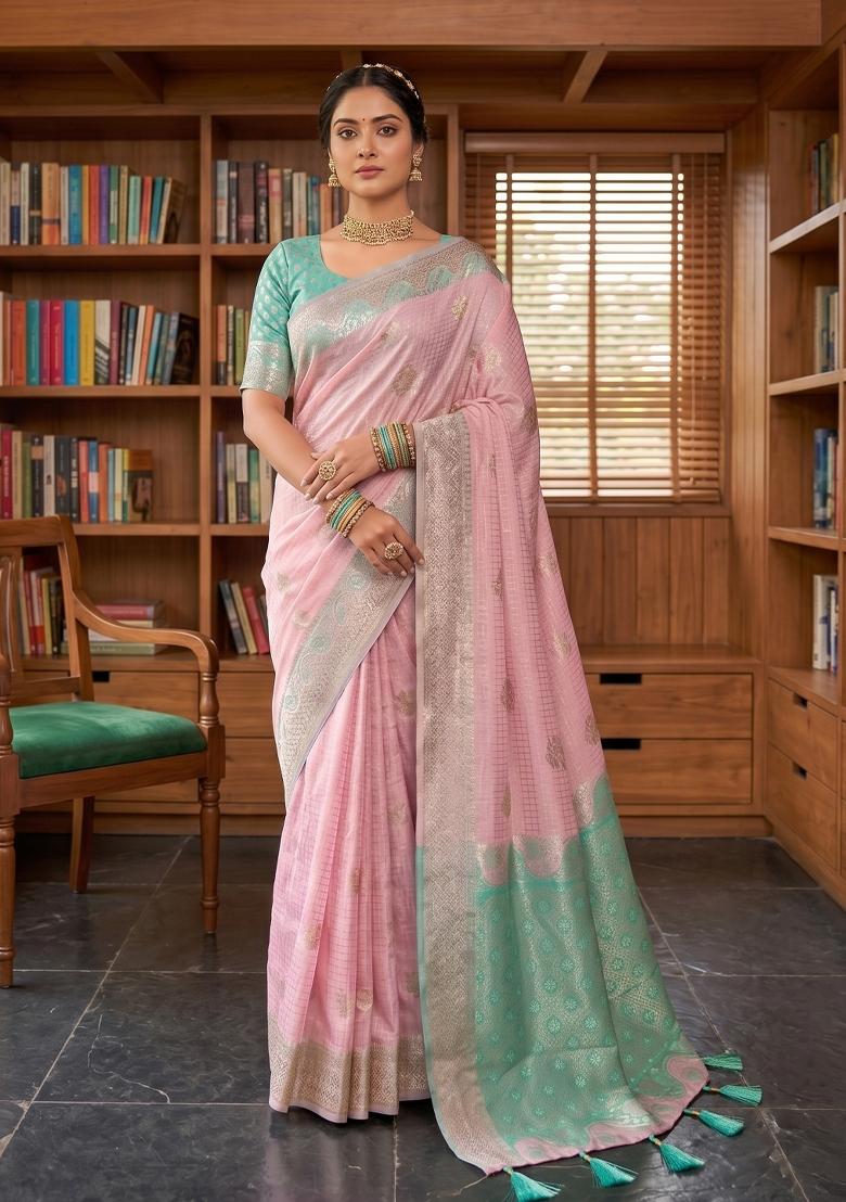 Pink Zari Work Linen Saree Set - Indya