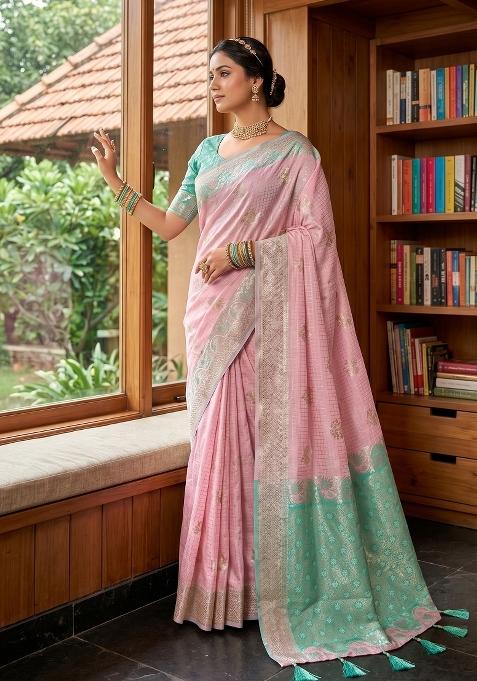 Pink Zari Work Linen Saree Set