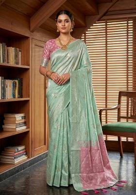 Sea Green Zari Work Linen Saree Set