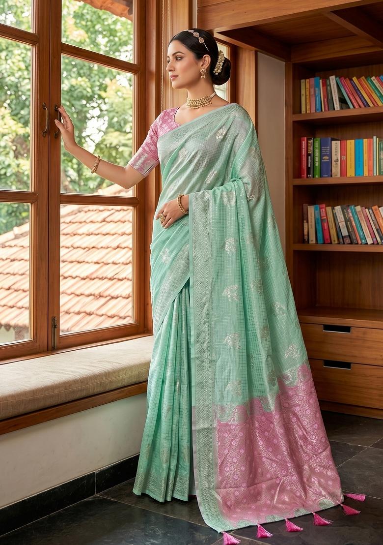 Sea Green Zari Work Linen Saree Set - Indya