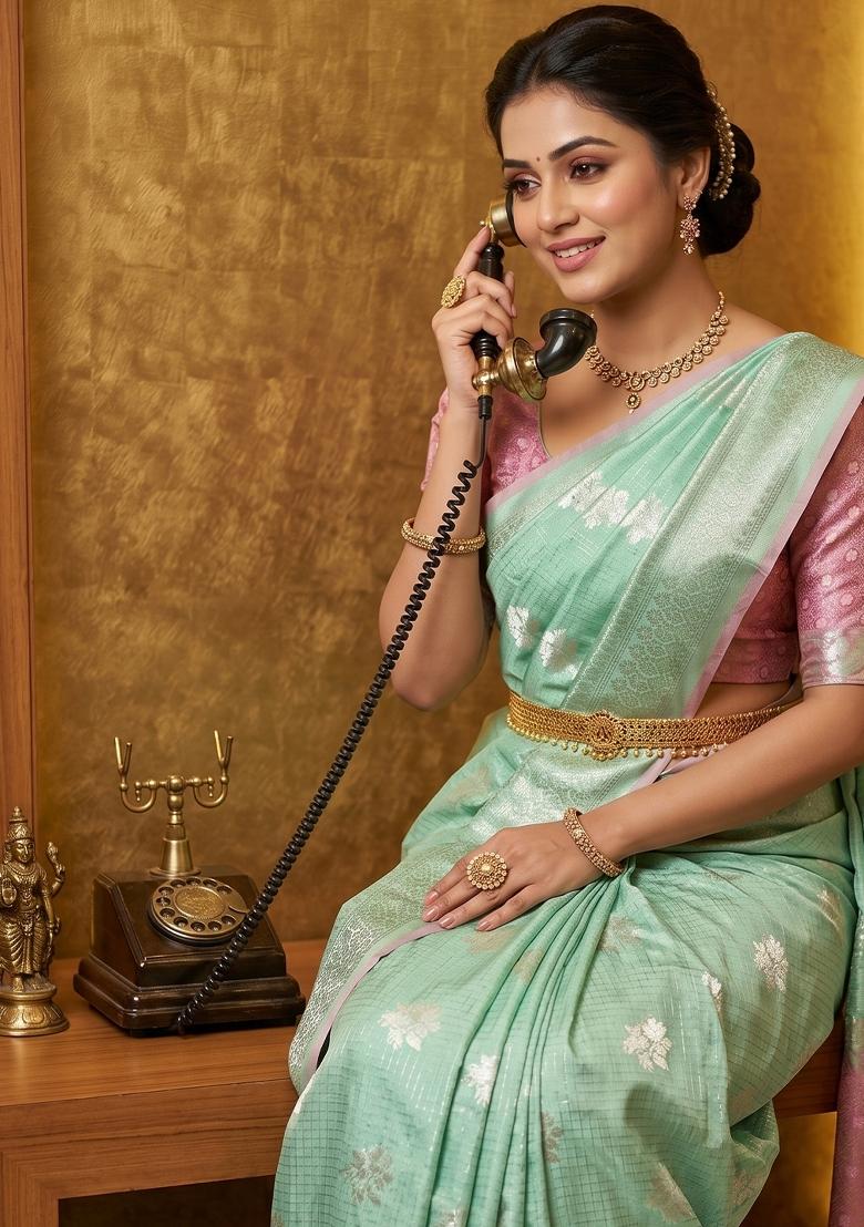 Sea Green Zari Work Linen Saree Set - Indya