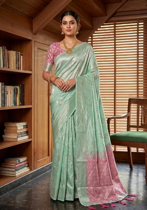 Sea Green Zari Work Linen Saree Set