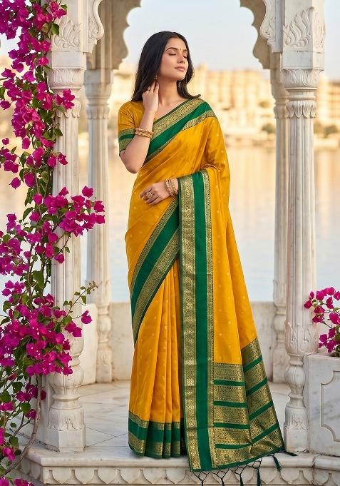 Yellow Zari Work Banarasi Saree Set