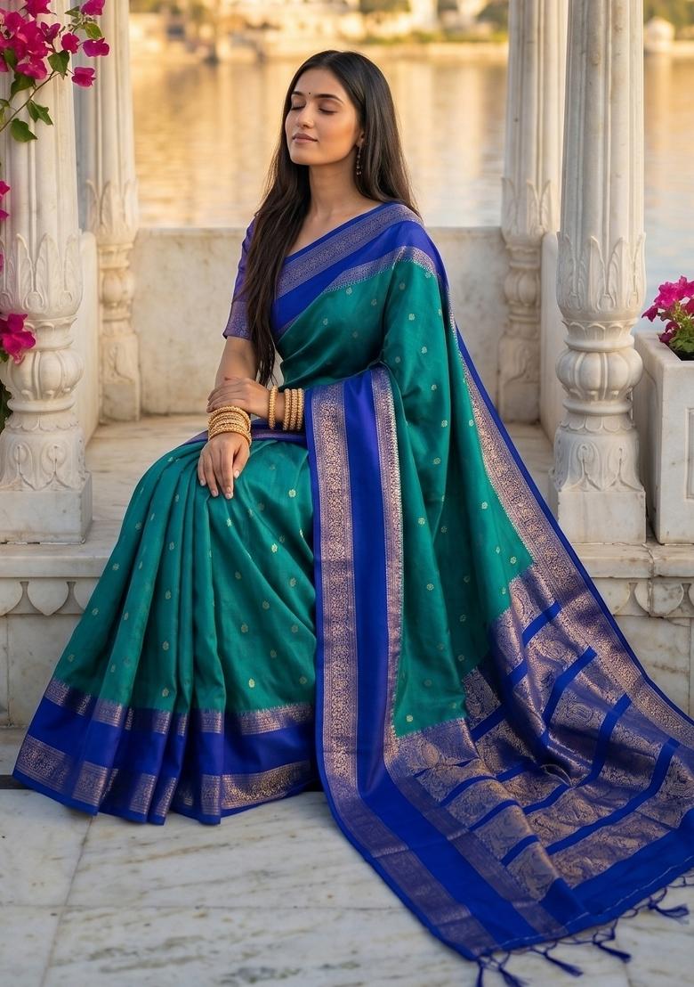 Teal Zari Work Banarasi Saree Set - Indya