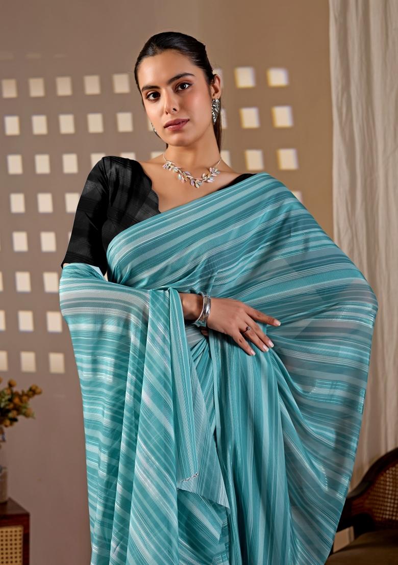 Aqua Blue Striped Monsoon Saree Set - Indya