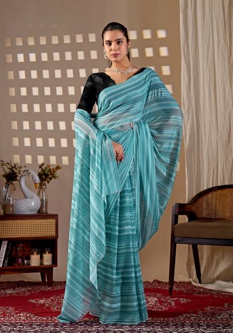 Aqua Blue Striped Monsoon Saree Set