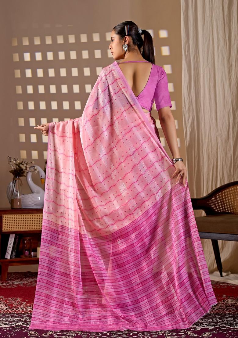 Pink Striped Monsoon Saree Set - Indya