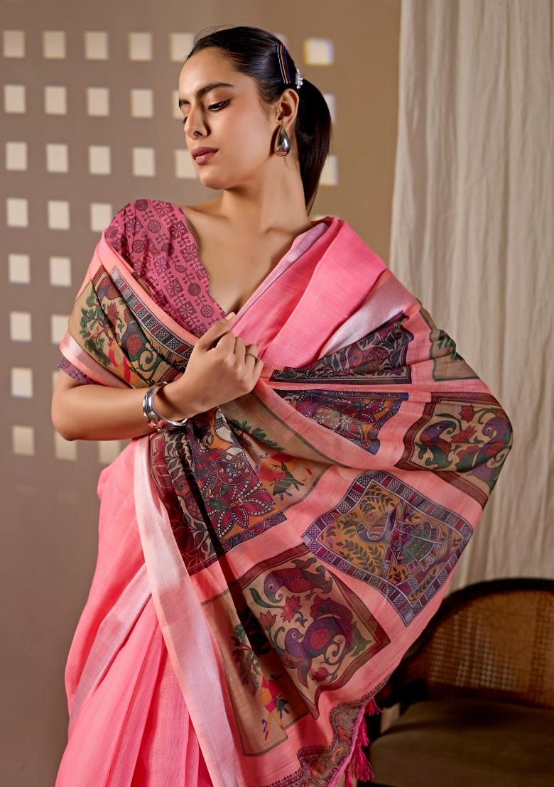 Pink Printed Linen Saree Set - Indya