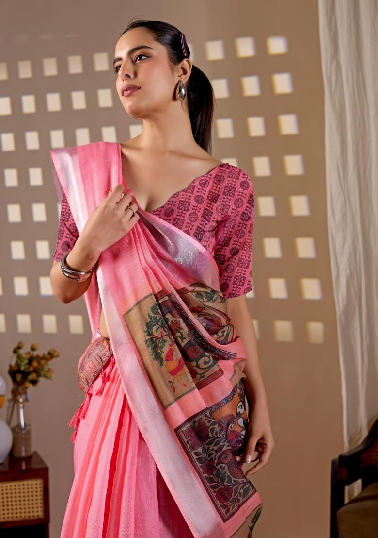 Pink Printed Linen Saree Set - Indya