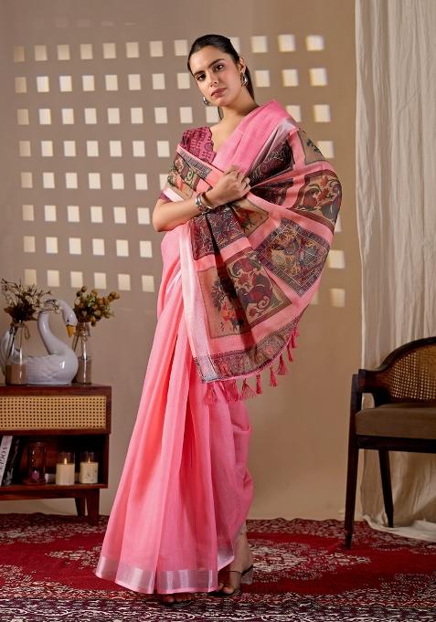 Pink Printed Linen Saree Set