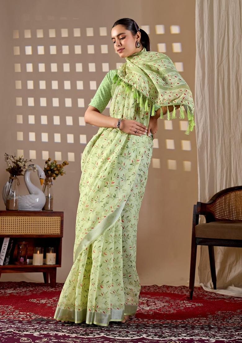 Light Green Printed Linen Saree Set - Indya