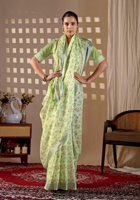 Light Green Printed Linen Saree Set