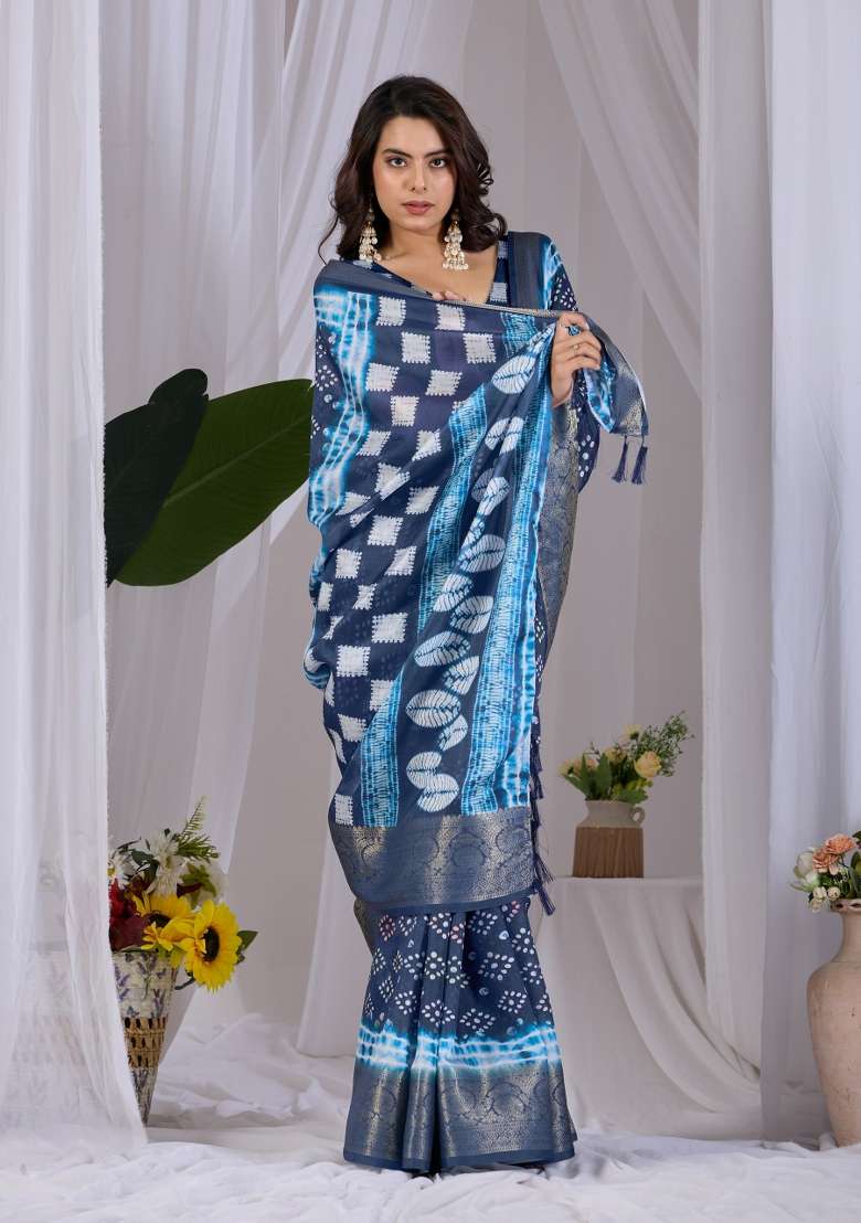 Blue Printed Silk Blend Saree Set for Diwali and Festive Wear - Indya