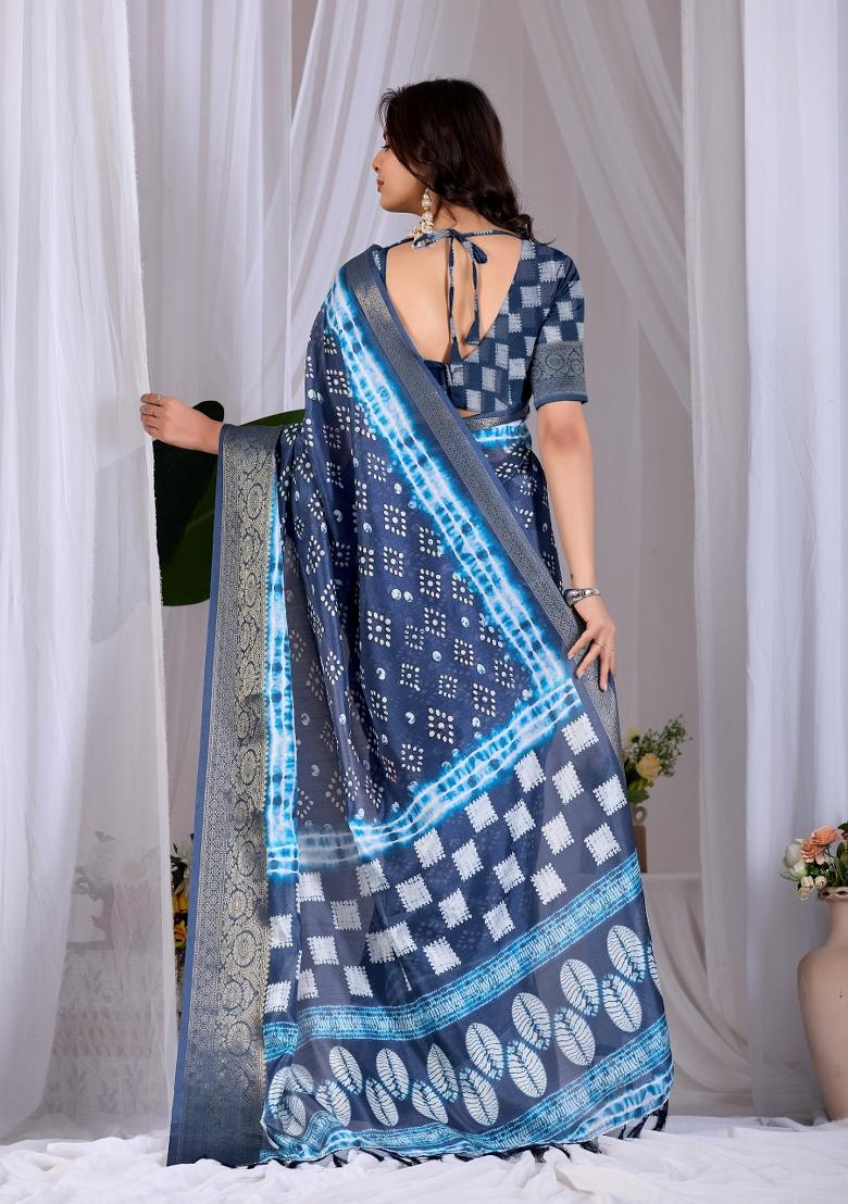 Blue Printed Silk Blend Saree Set - Indya