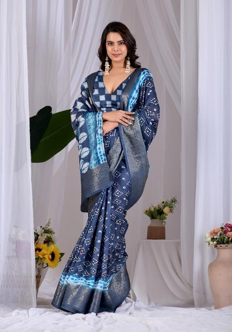 Blue Printed Silk Blend Saree Set