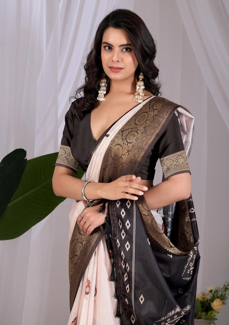 Cream Weaving Silk Blend Saree Set - Indya