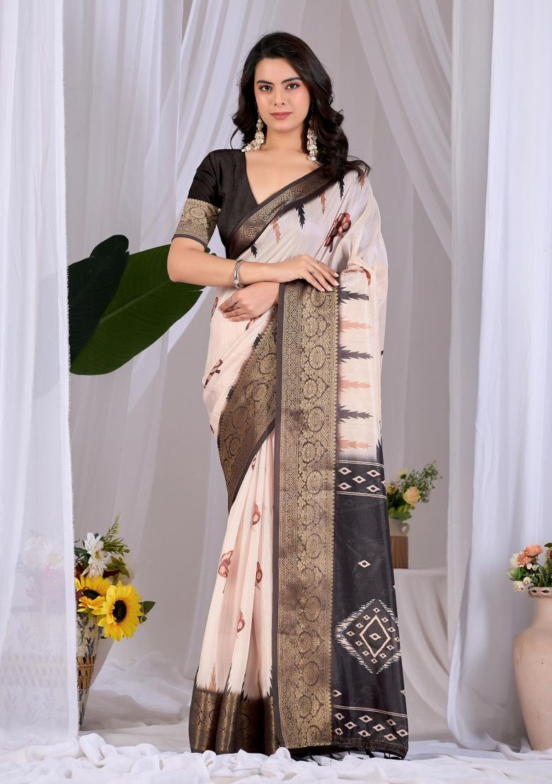 Cream Weaving Silk Blend Saree Set - Indya