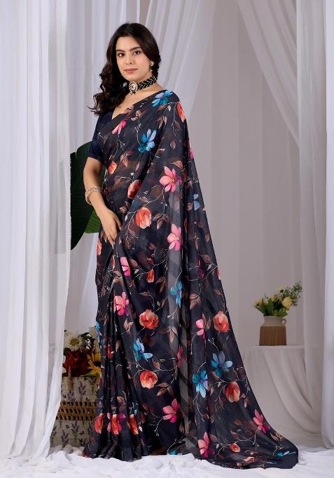 Black Printed Monsoon Saree Set