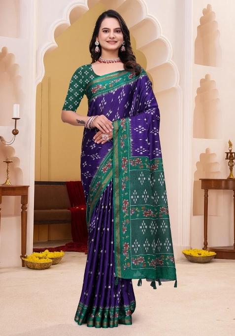Blue Printed Cotton Saree Set