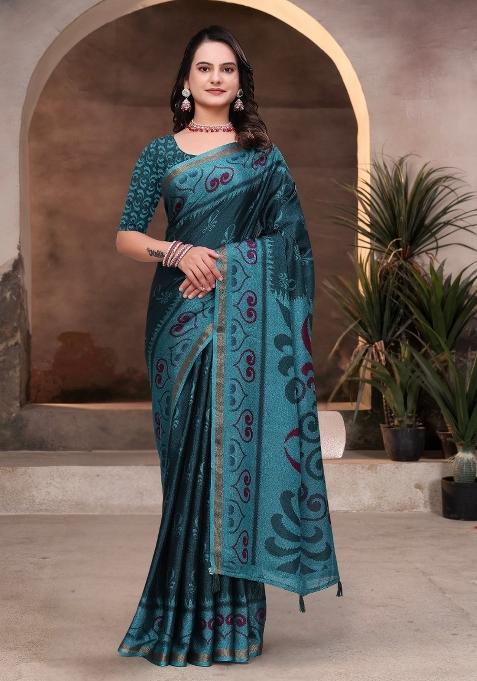Blue Printed Cotton Saree Set