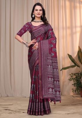 Wine Printed Cotton Saree Set