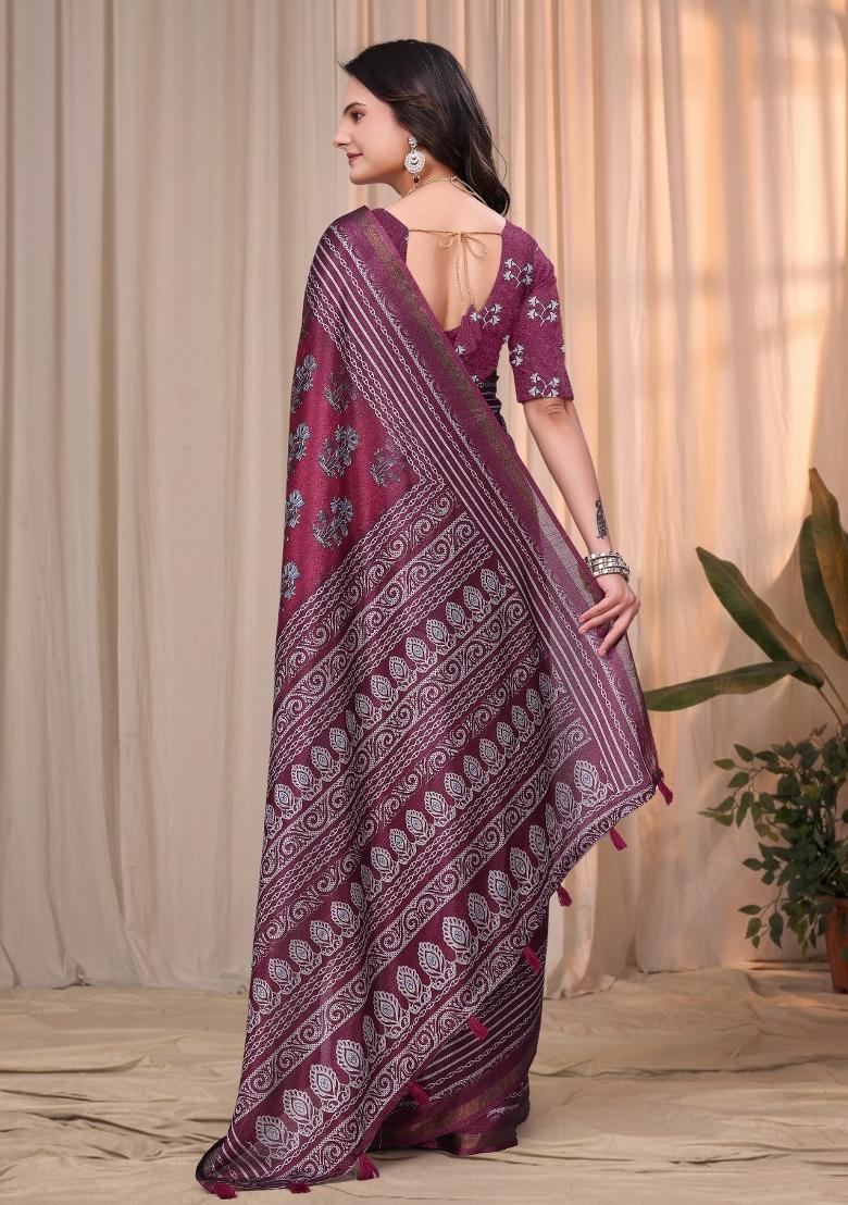 Wine Printed Cotton Saree Set - Indya