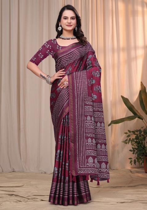 Wine Printed Cotton Saree Set