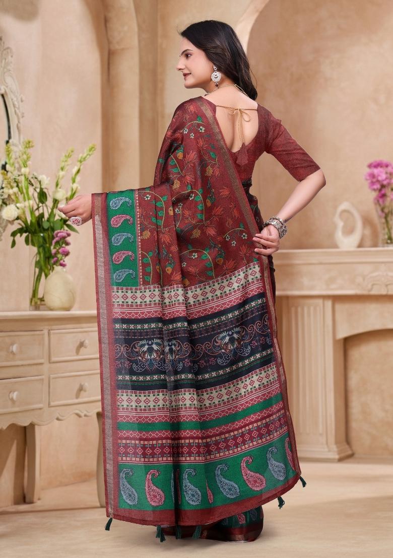 Brown Printed Cotton Saree Set - Indya