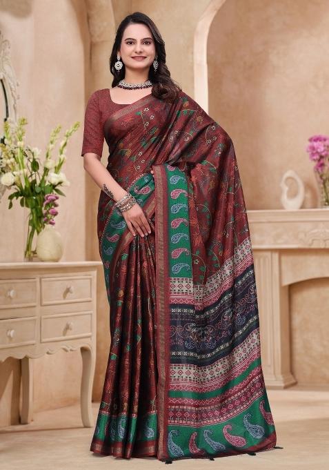 Brown Printed Cotton Saree Set