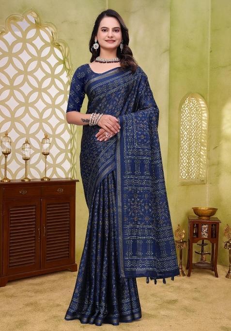 Blue Printed Cotton Saree Set