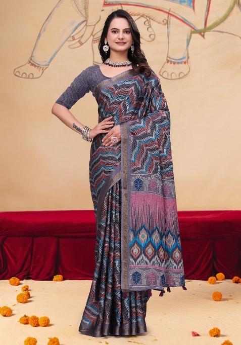 Grey Printed Cotton Saree Set