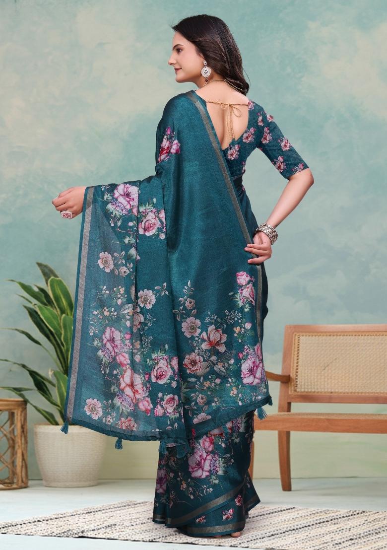 Teal Blue Printed Cotton Saree Set - Indya