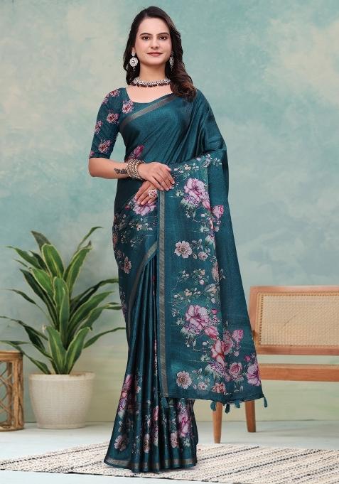Teal Blue Printed Cotton Saree Set