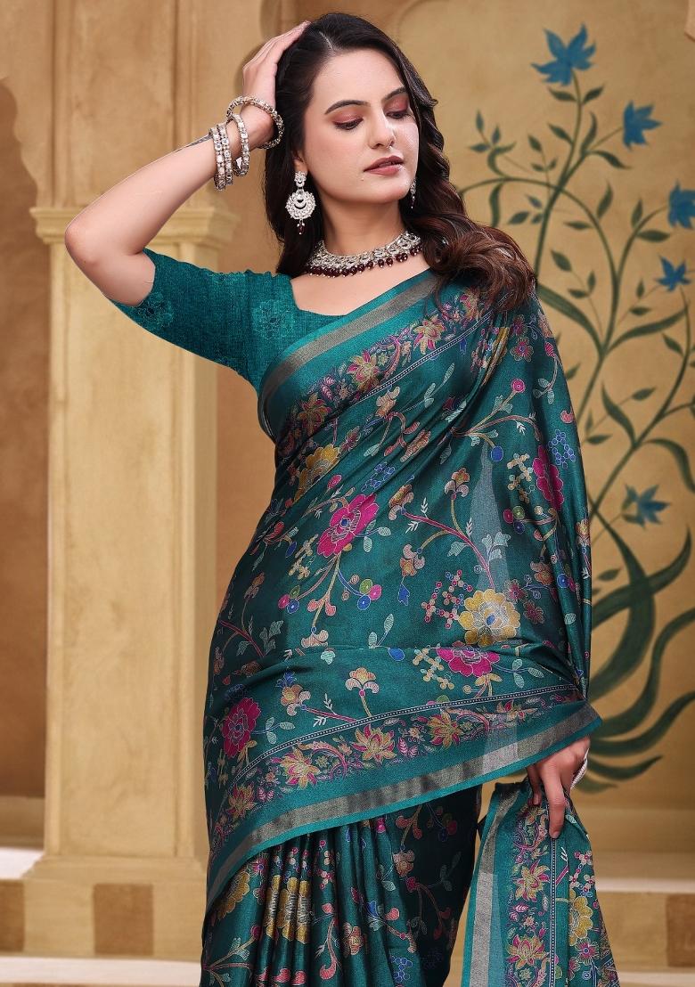 Teal Green Printed Cotton Saree Set - Indya